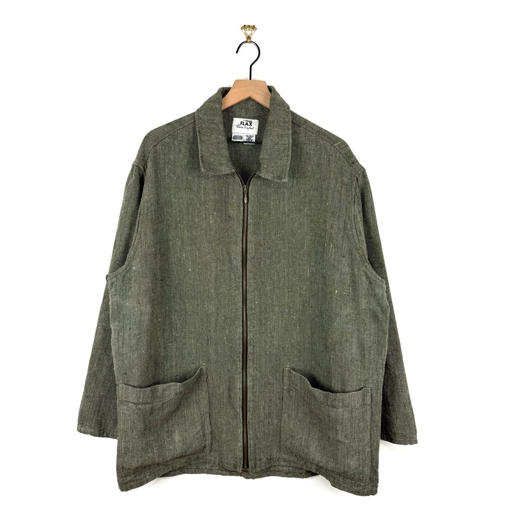 FLAX Linen Zip Up Jacket Green Sz M Textured Oversized Lagenlook Long Sleeve